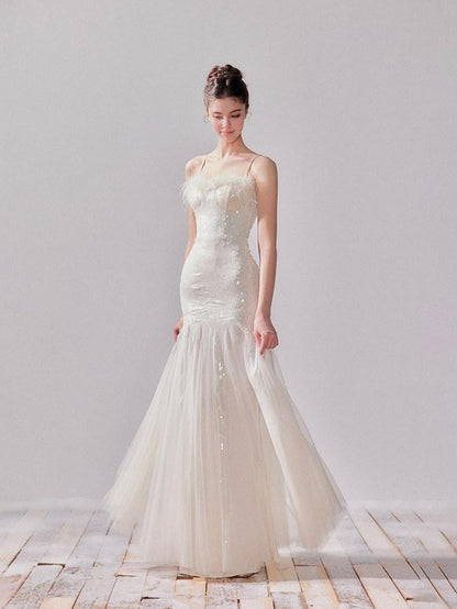 YZZI HE Sequin Mesh Fishtail U Neck Women&