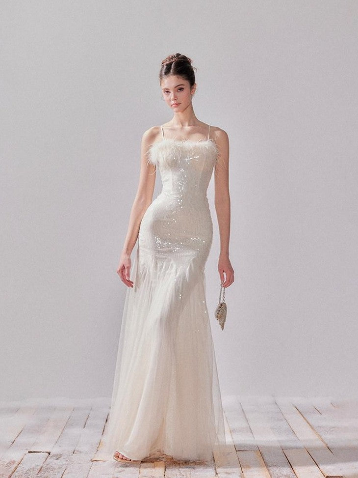 YZZI HE Sequin Mesh Fishtail U Neck Women&
