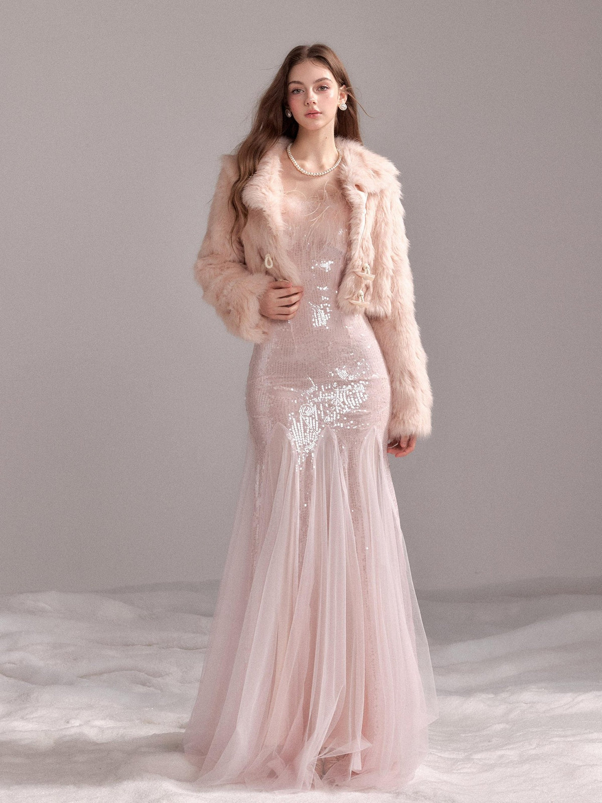 YZZI HE Sequin Mesh Fishtail U Neck Women&