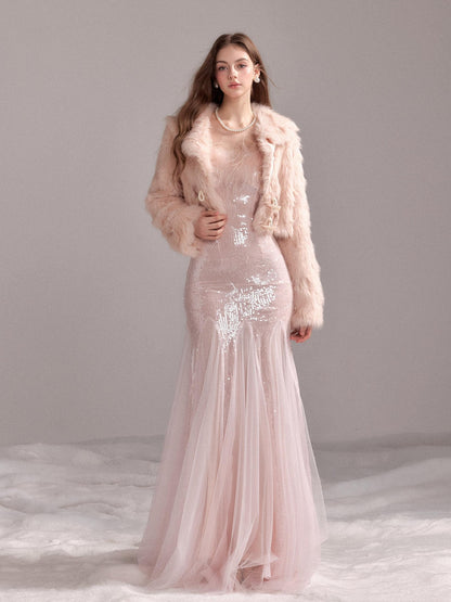 YZZI HE Sequin Mesh Fishtail U Neck Women&