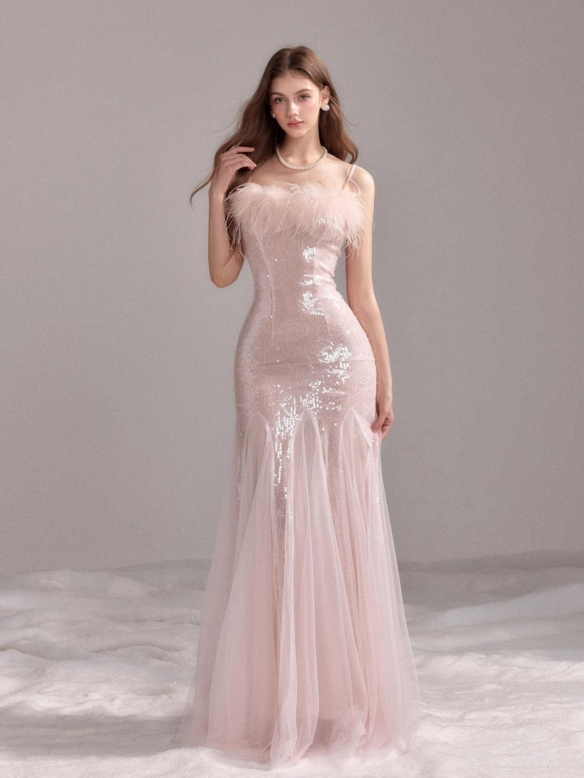 YZZI HE Sequin Mesh Fishtail U Neck Women&