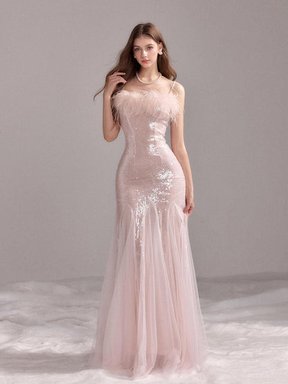 YZZI HE Sequin Mesh Fishtail U Neck Women&