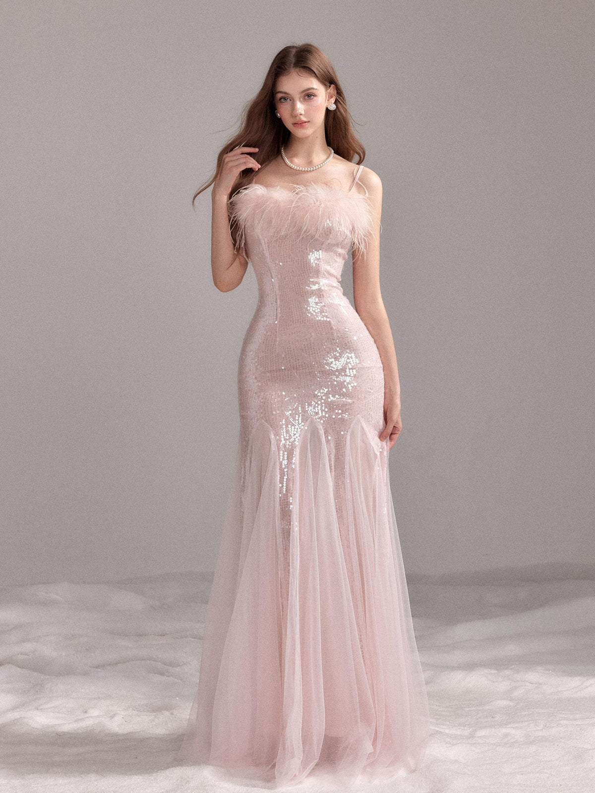 YZZI HE Sequin Mesh Fishtail U Neck Women&