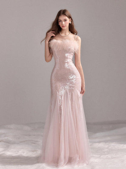 YZZI HE Sequin Mesh Fishtail U Neck Women&