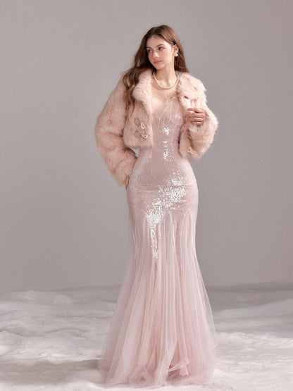 YZZI HE Sequin Mesh Fishtail U Neck Women&