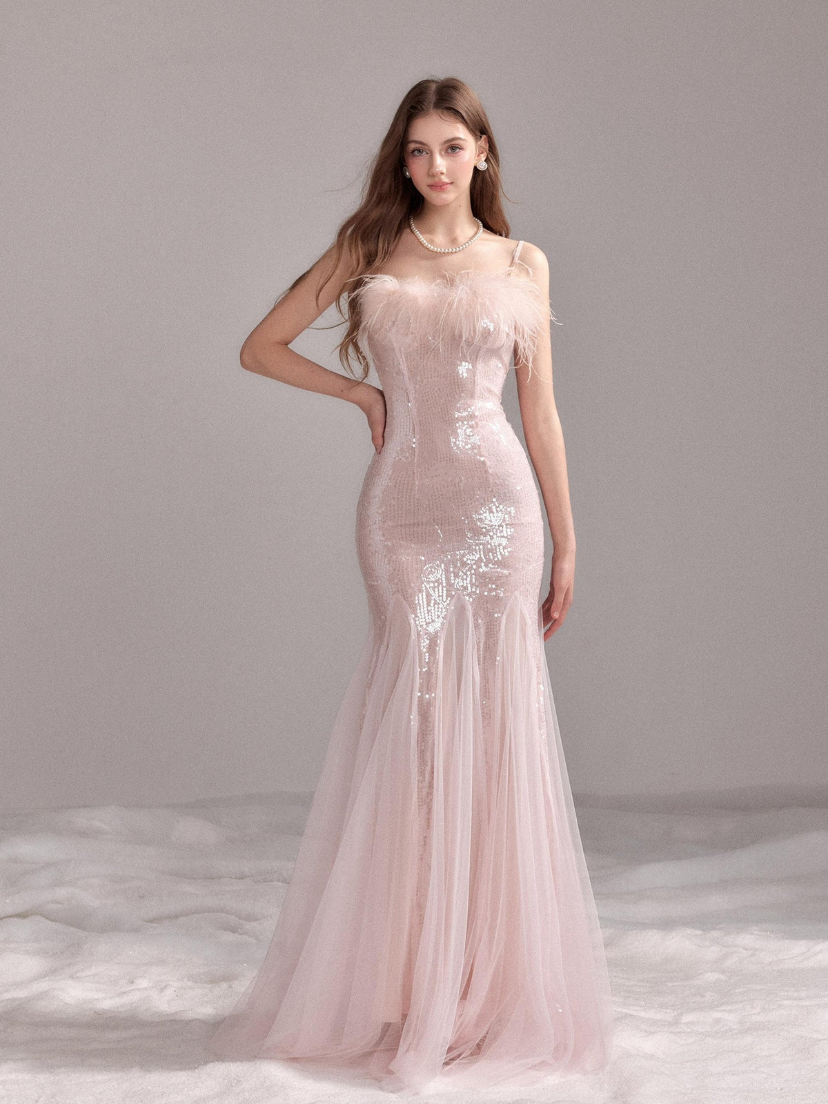 YZZI HE Sequin Mesh Fishtail U Neck Women&
