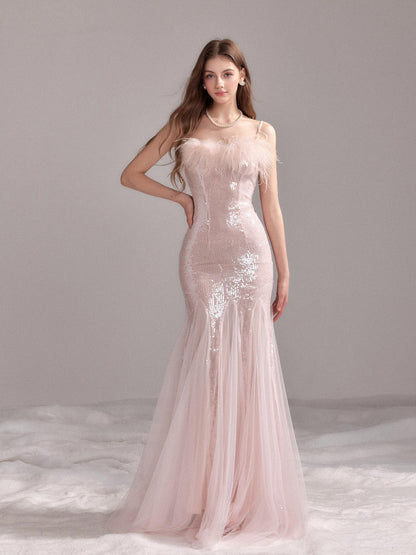 YZZI HE Sequin Mesh Fishtail U Neck Women&