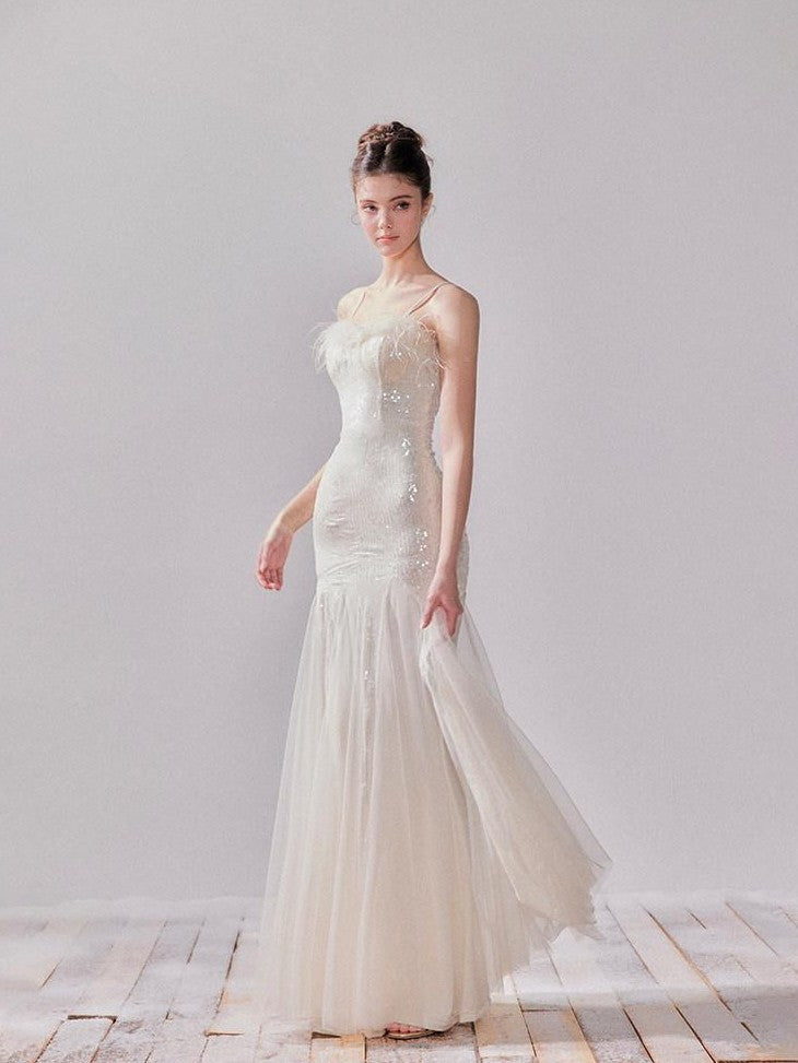 YZZI HE Sequin Mesh Fishtail U Neck Women&