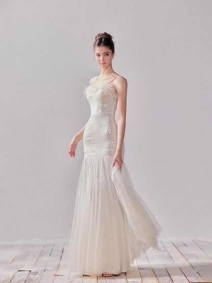 YZZI HE Sequin Mesh Fishtail U Neck Women&