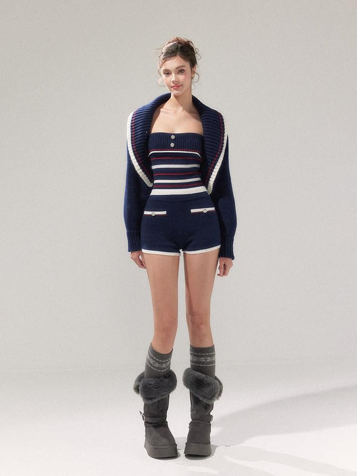 YZZI HE Striped Lapel Knit Women&