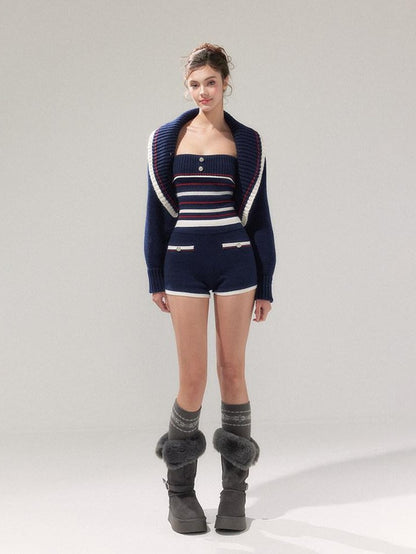 YZZI HE Striped Lapel Knit Women&