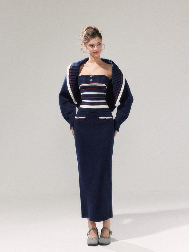 YZZI HE Striped Lapel Knit Women&