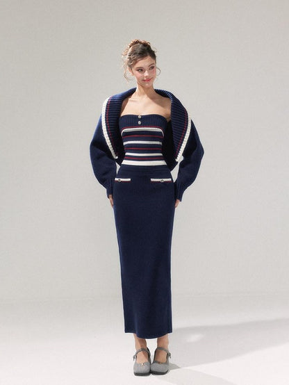 YZZI HE Striped Lapel Knit Women&