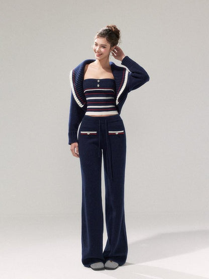 YZZI HE Striped Lapel Knit Women&
