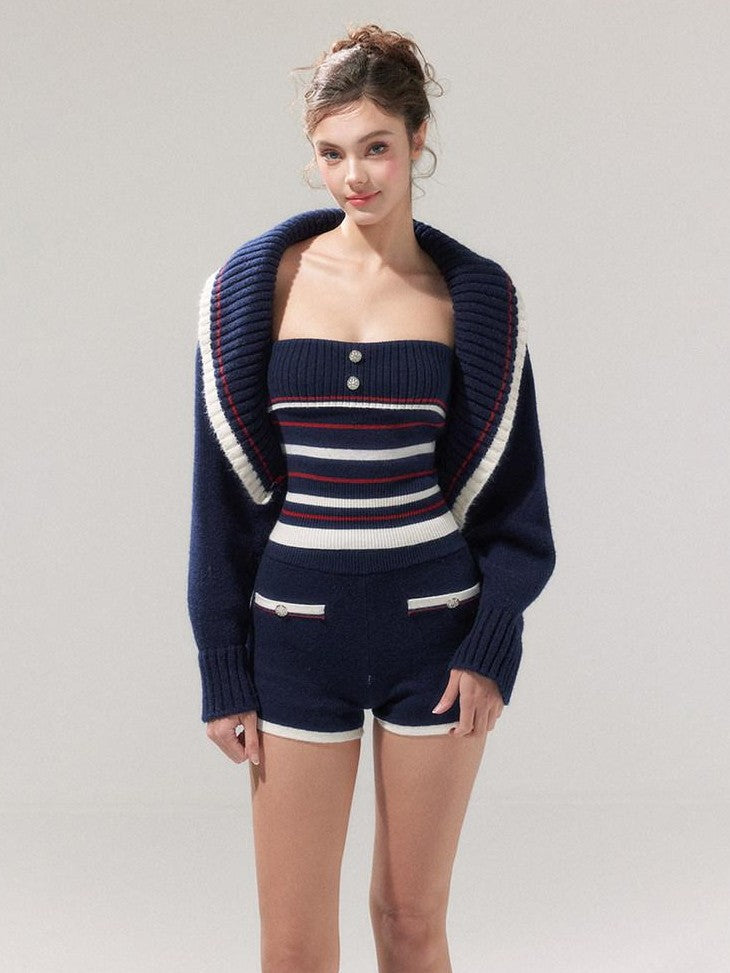 YZZI HE Striped Lapel Knit Women&