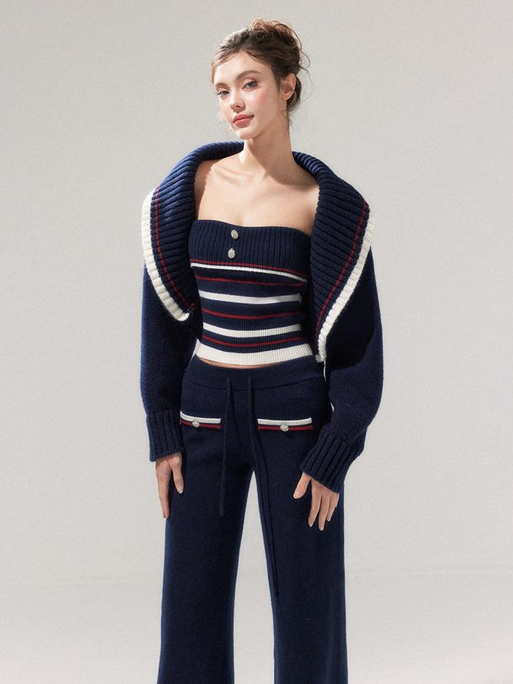 YZZI HE Striped Lapel Knit Women&