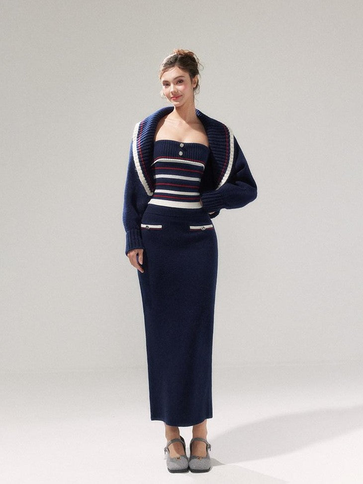 YZZI HE Striped Lapel Knit Women&