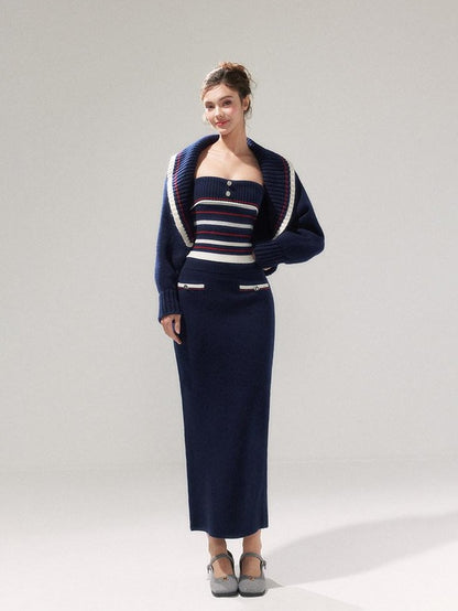 YZZI HE Striped Lapel Knit Women&