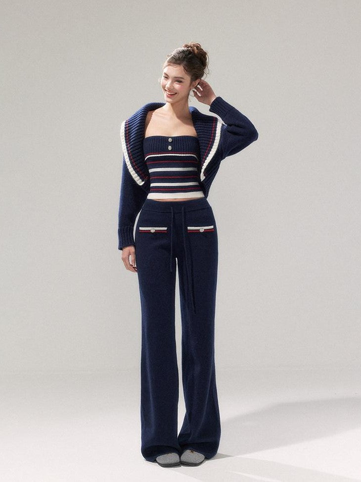 YZZI HE Striped Lapel Knit Women&
