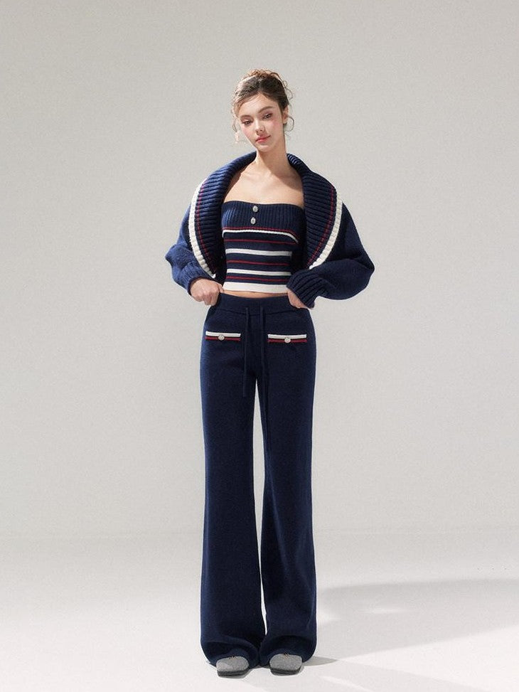 YZZI HE Striped Lapel Knit Women&