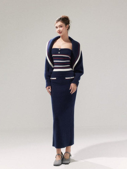 YZZI HE Striped Lapel Knit Women&