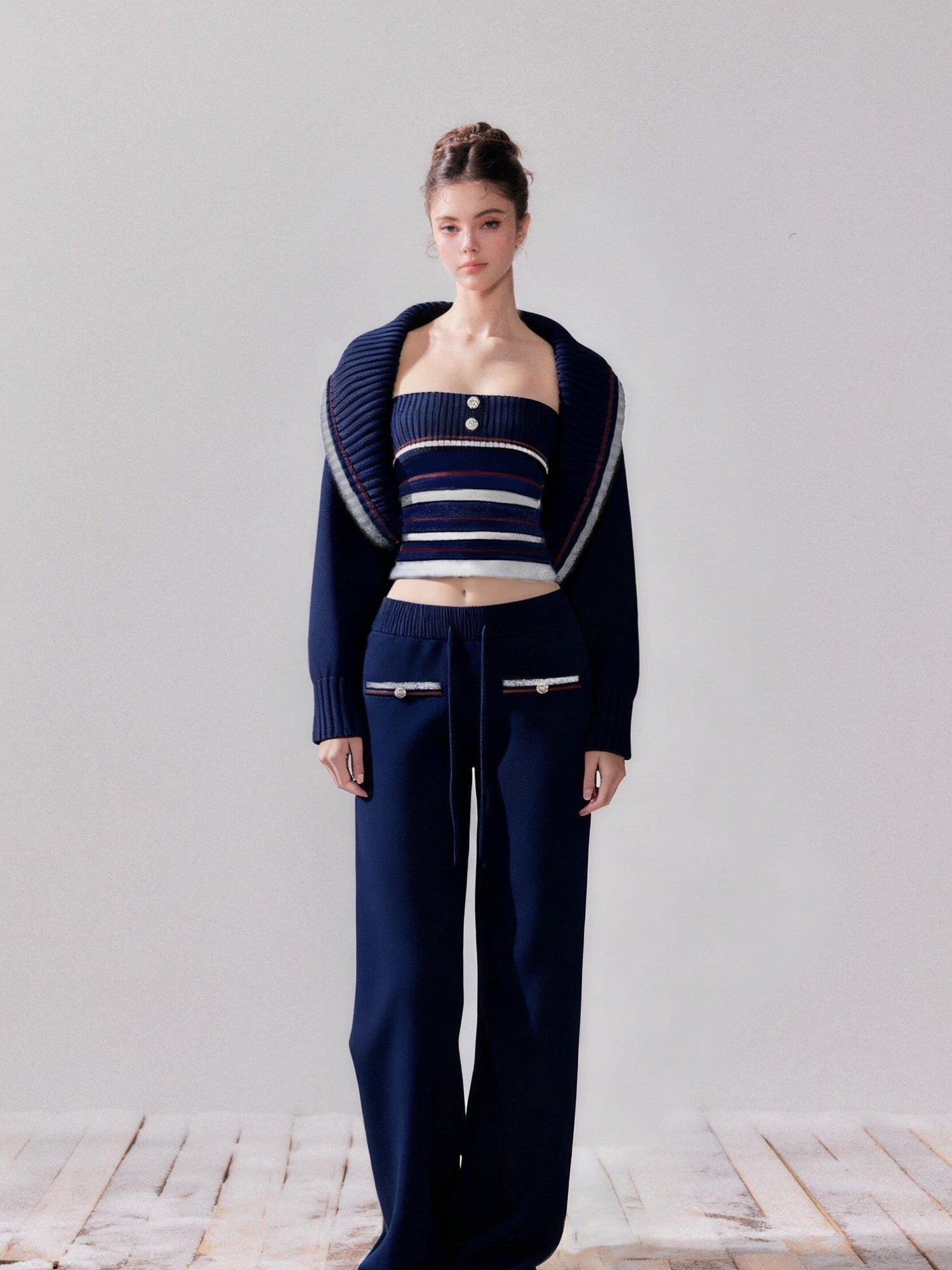 YZZI HE Striped Lapel Knit Women&