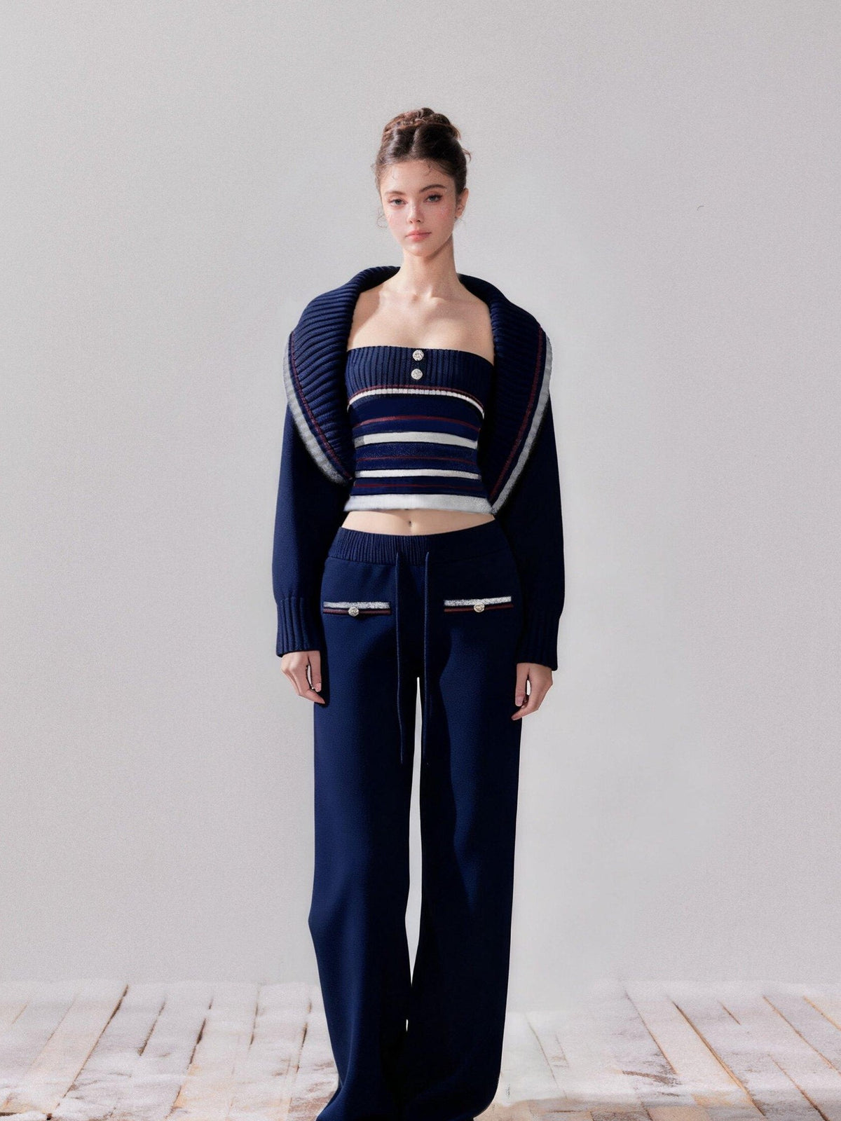 YZZI HE Striped Lapel Knit Women&