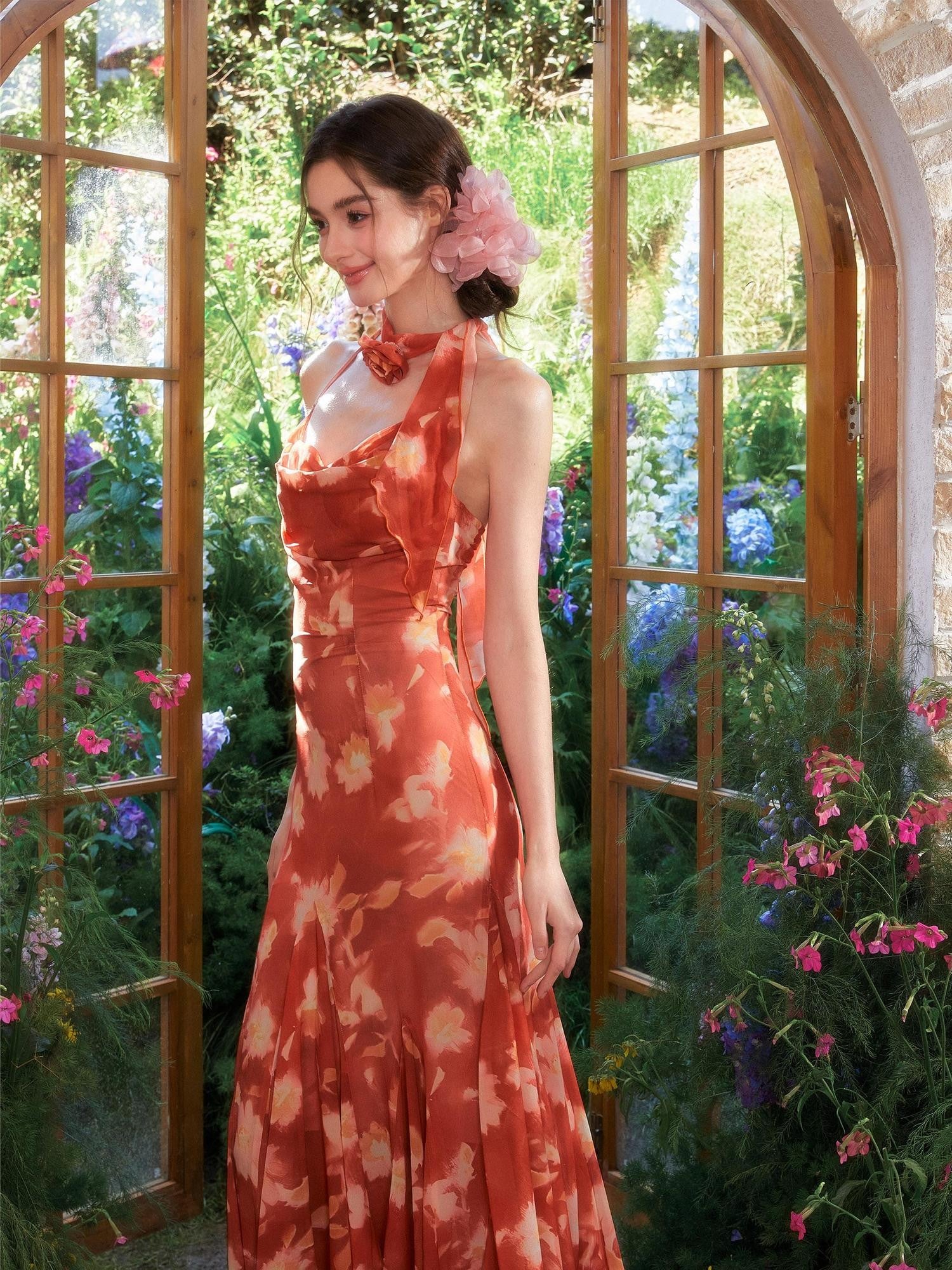 YZZI HE Sunset Orange Oil Painting Print Fishtail Women&