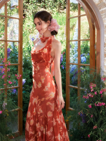 YZZI HE Sunset Orange Oil Painting Print Fishtail Women&