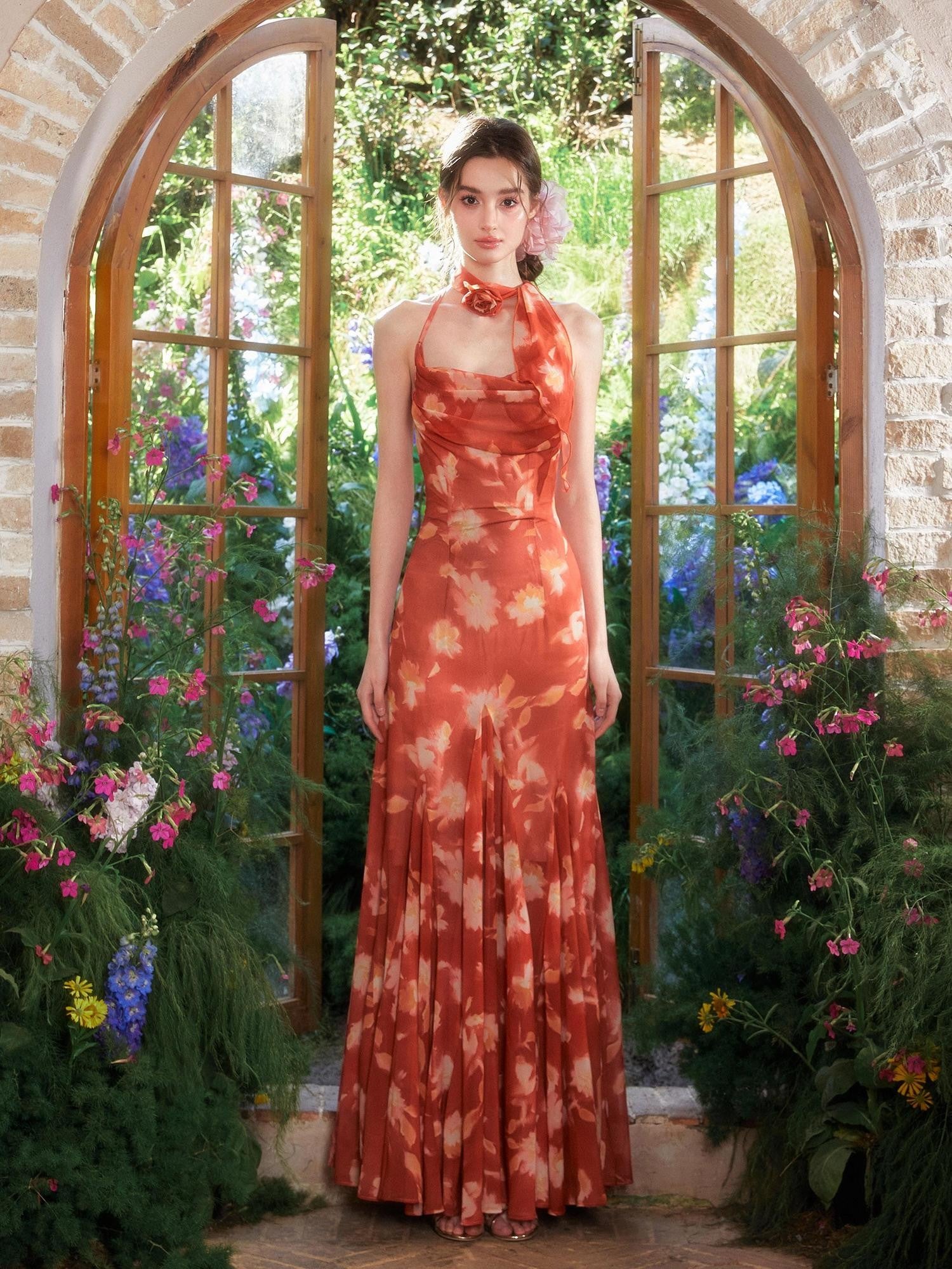 YZZI HE Sunset Orange Oil Painting Print Fishtail Women&
