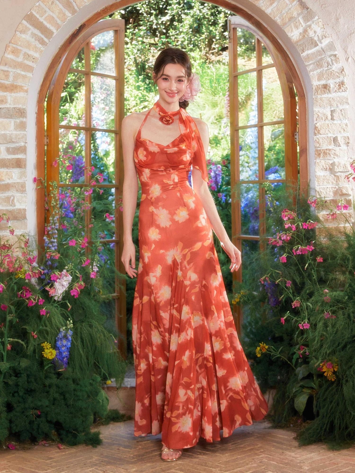 YZZI HE Sunset Orange Oil Painting Print Fishtail Women&