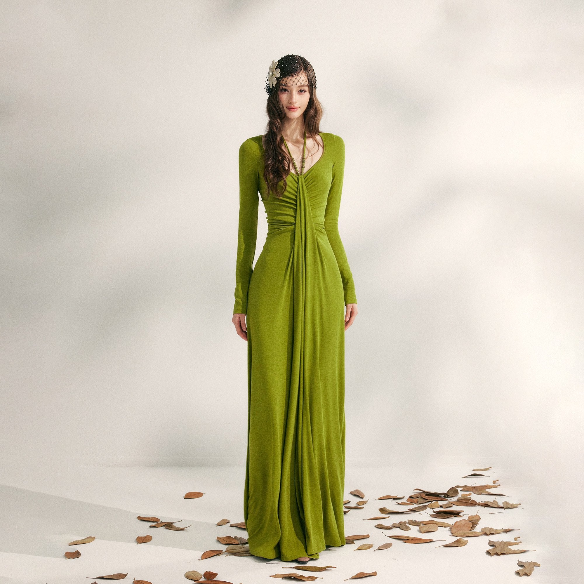 YZZI_HE_Tea_Green_French_Pleated_Halter_Waist_Cinched_Women&