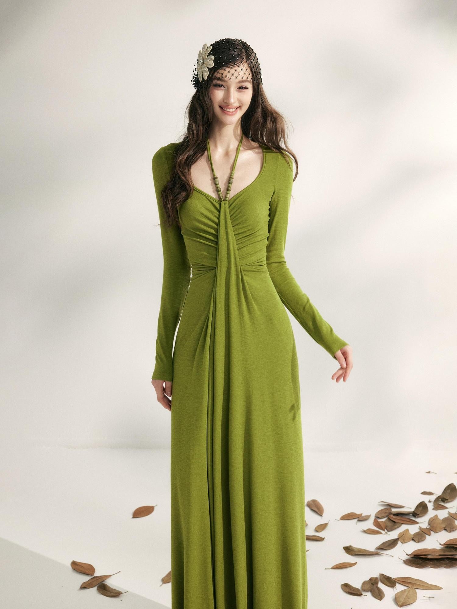 YZZI HE Tea Green French Pleated Halter Waist Cinched Women&