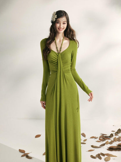 YZZI HE Tea Green French Pleated Halter Waist Cinched Women&