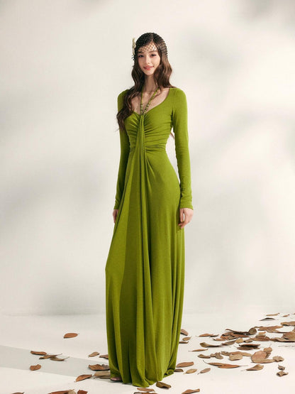 YZZI HE Tea Green French Pleated Halter Waist Cinched Women&