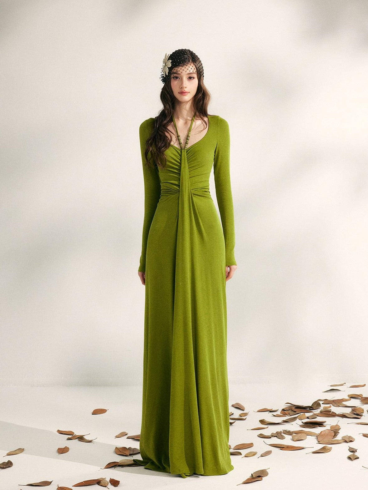 YZZI HE Tea Green French Pleated Halter Waist Cinched Women&