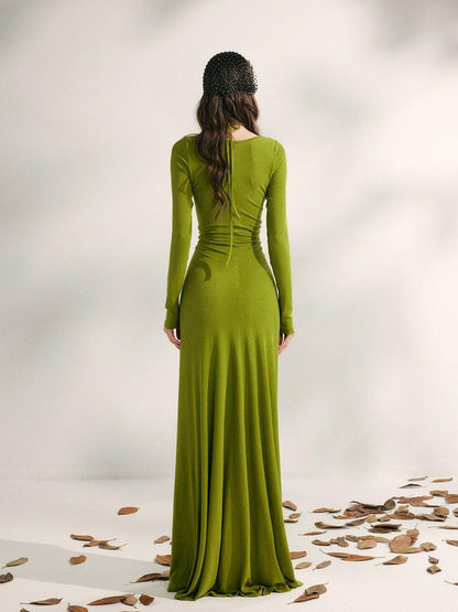 YZZI HE Tea Green French Pleated Halter Waist Cinched Women&
