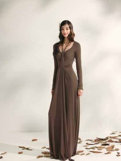 YZZI HE Tea Green French Pleated Halter Waist Cinched Women&