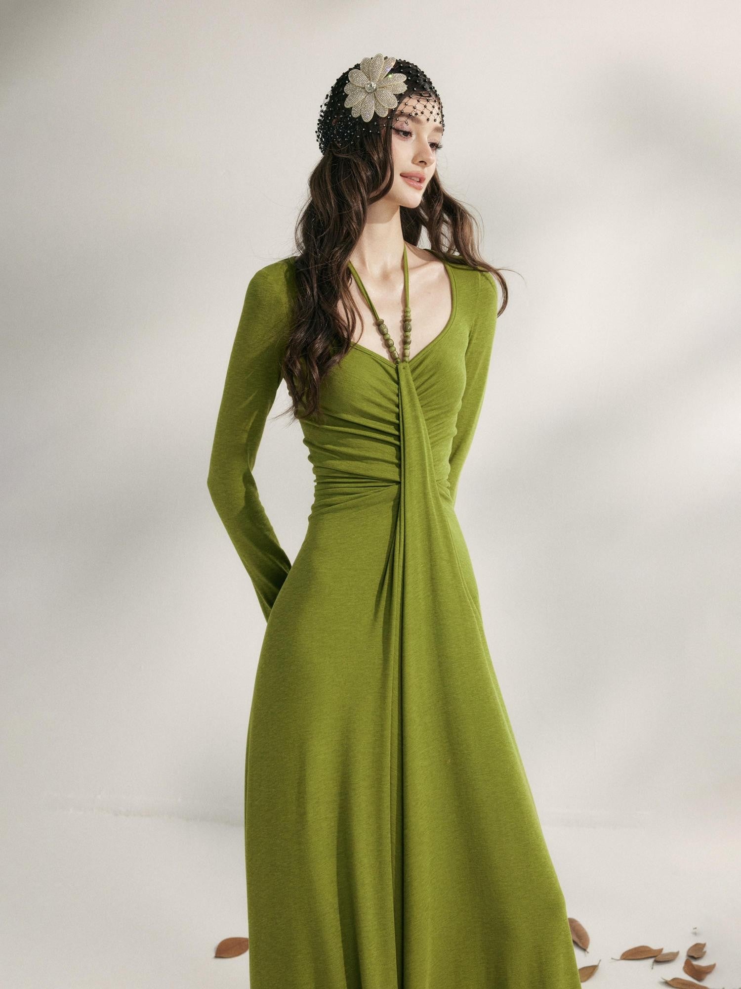 YZZI HE Tea Green French Pleated Halter Waist Cinched Women&