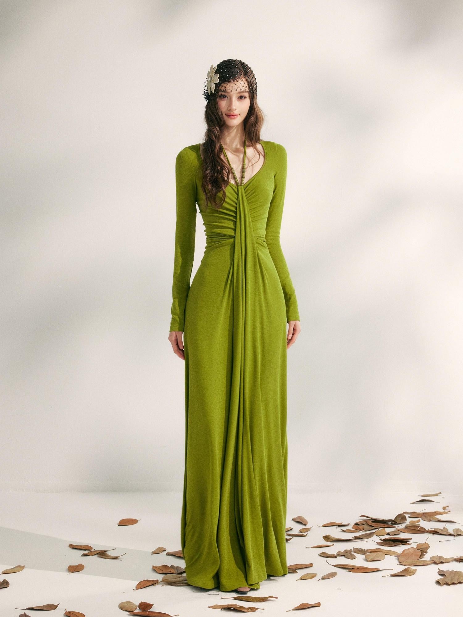 YZZI HE Tea Green French Pleated Halter Waist Cinched Women&