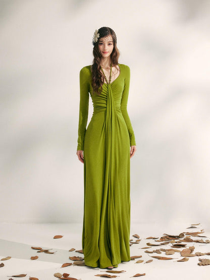 YZZI HE Tea Green French Pleated Halter Waist Cinched Women&