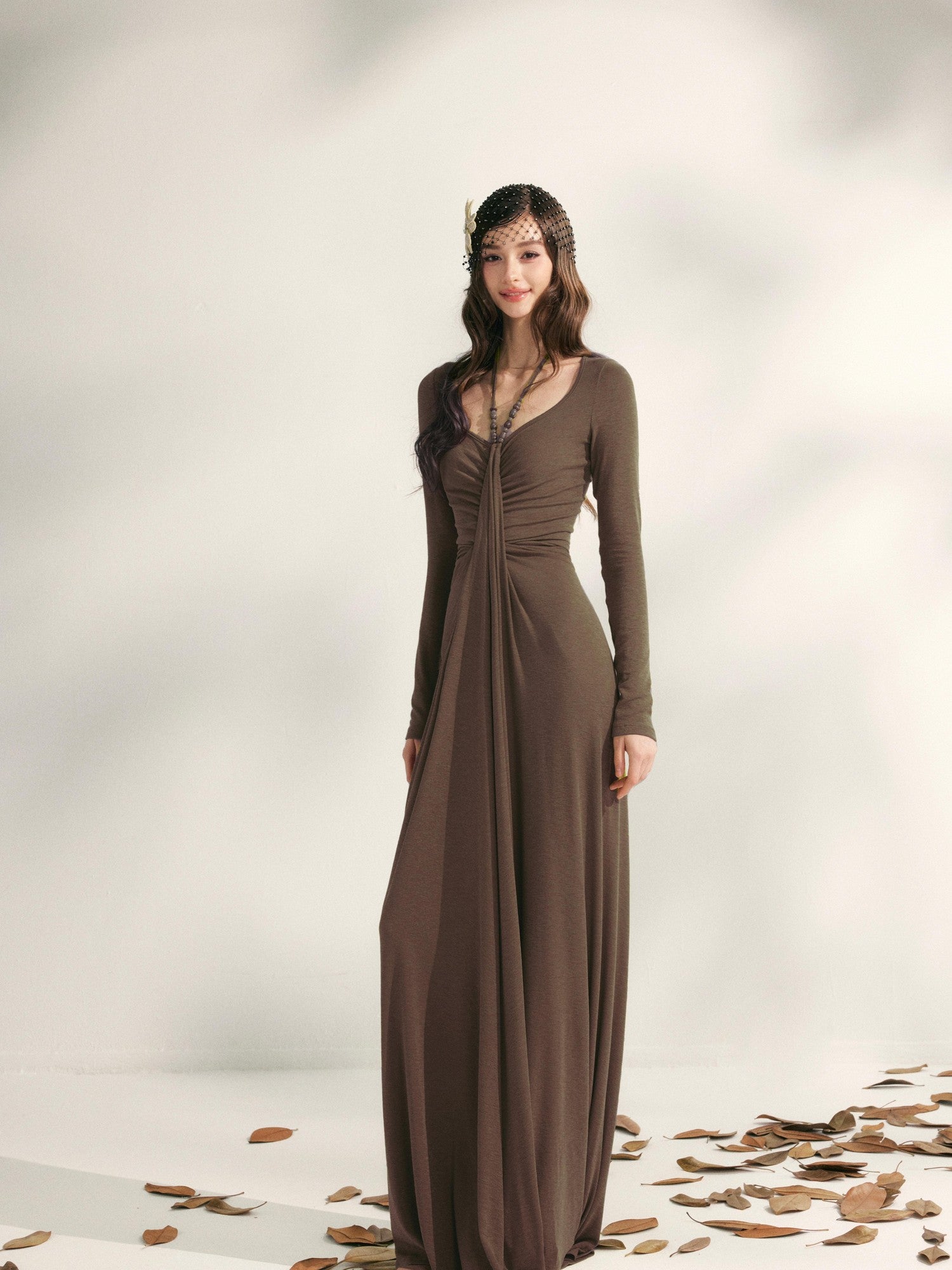 YZZI HE Tea Green French Pleated Halter Waist Cinched Women&