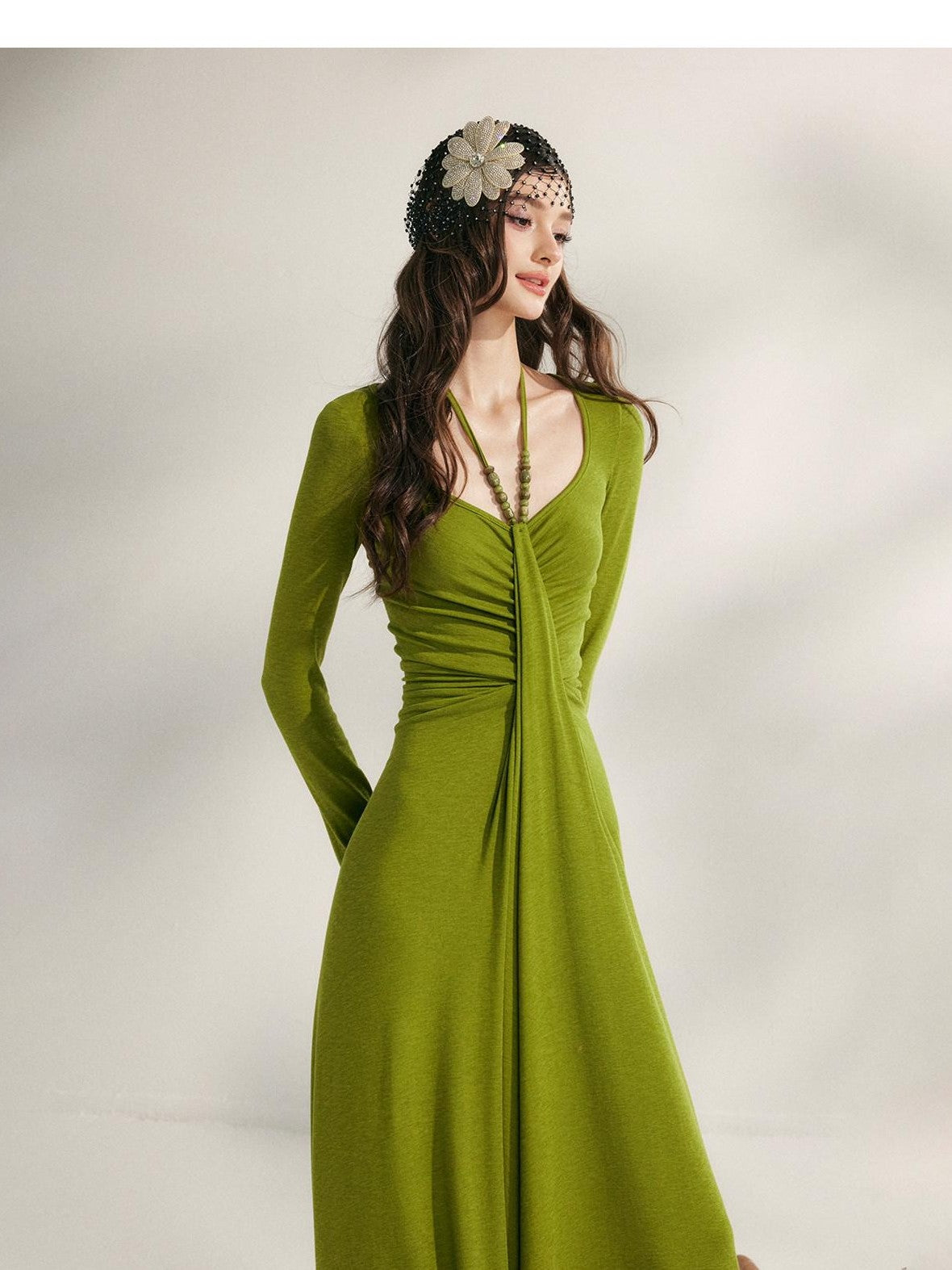 YZZI HE Tea Green French Pleated Halter Waist Cinched Women&