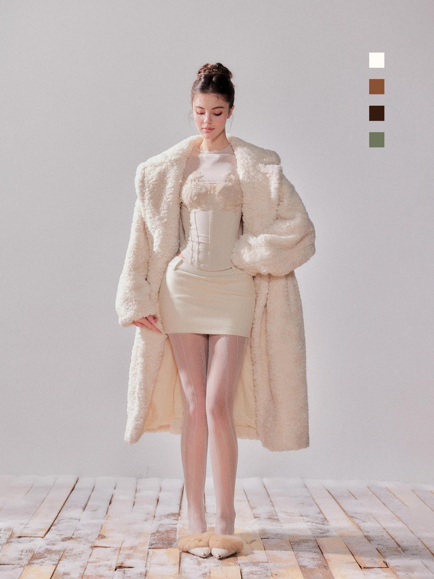 YZZI HE Teddy Lambswool Oversized Lapel Collar Long Loose Fit Women&