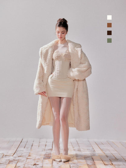 YZZI HE Teddy Lambswool Oversized Lapel Collar Long Loose Fit Women&
