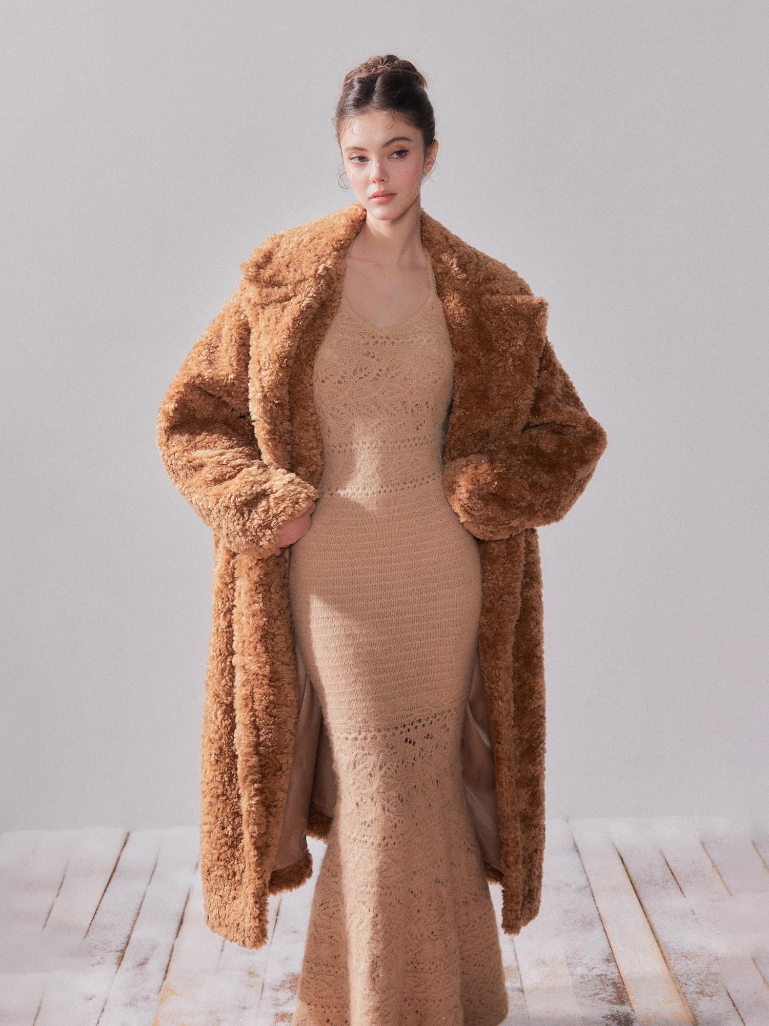 YZZI HE Teddy Lambswool Oversized Lapel Collar Long Loose Fit Women&