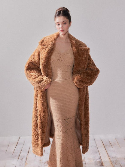 YZZI HE Teddy Lambswool Oversized Lapel Collar Long Loose Fit Women&