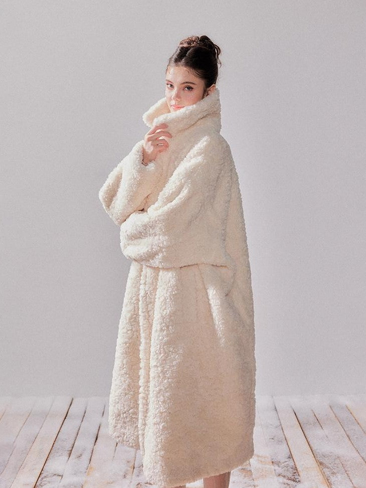 YZZI HE Teddy Lambswool Oversized Lapel Collar Long Loose Fit Women&