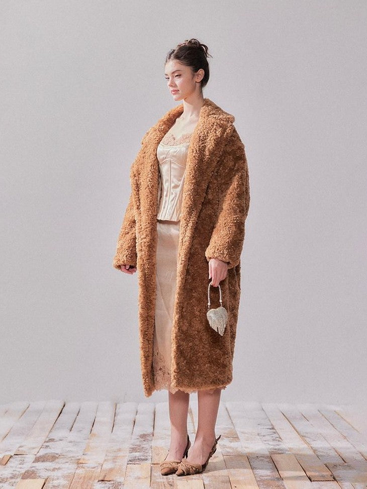 YZZI HE Teddy Lambswool Oversized Lapel Collar Long Loose Fit Women&