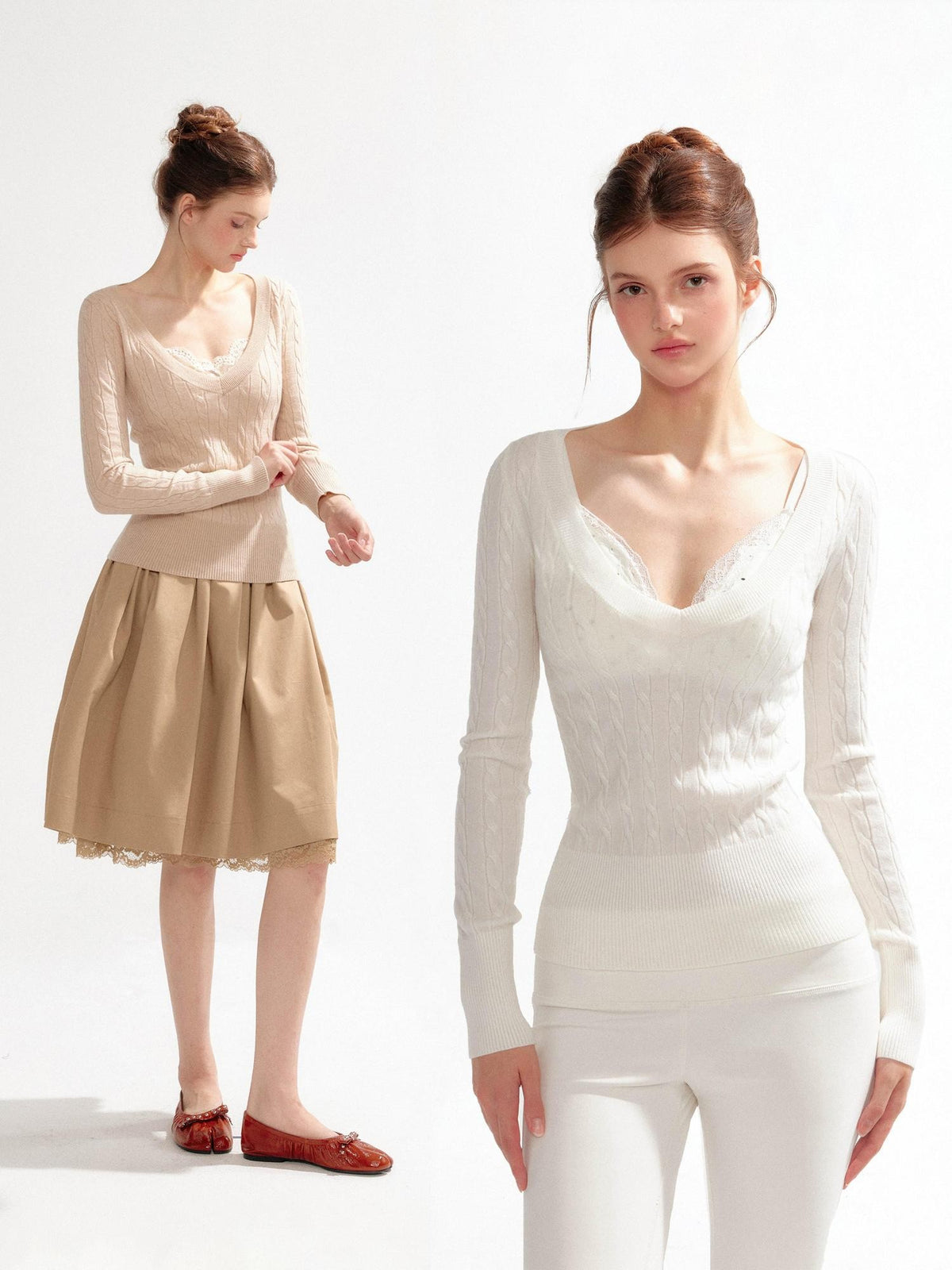 YZZI HE V-neck Cable Knit Slim Fit Preppy Style Women&